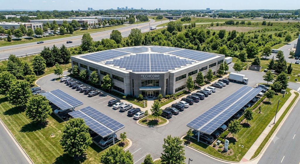 Commercial building with full rooftop solar and solar carport