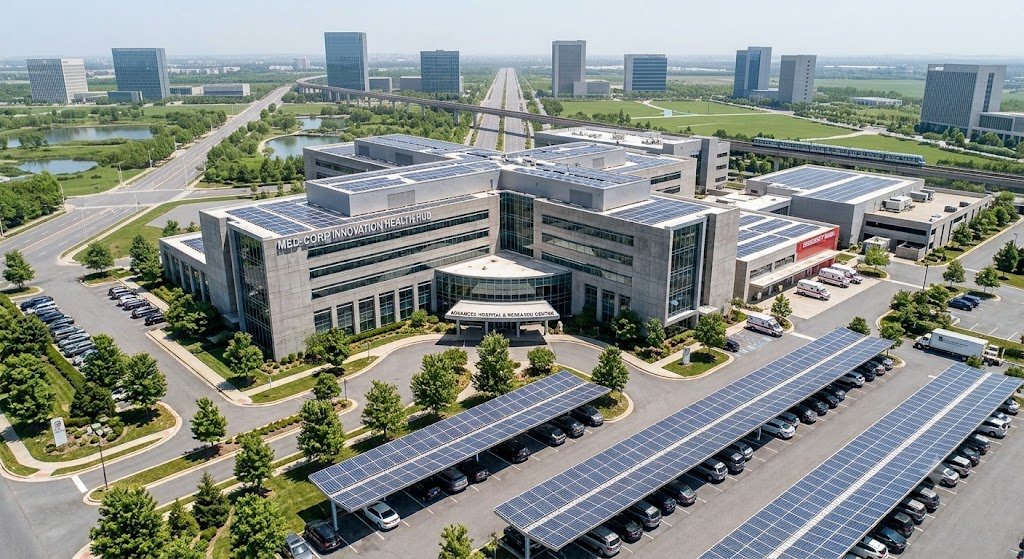 Large hospital or institution with extensive solar installation